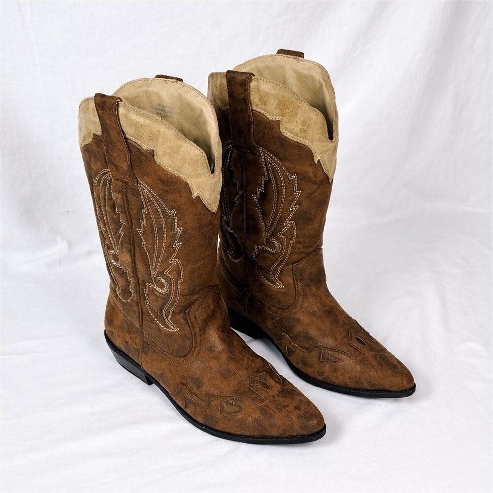 Women’s Brown Western Cowboy Boots Size 10M Embroidered Pull On